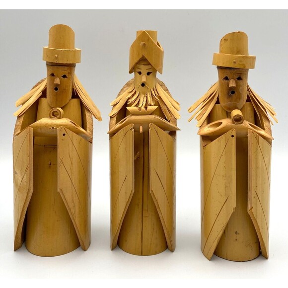 Vintage Christmas Bamboo Wood Wide Men Three Kings Nativity Figures Set of 3 - Picture 1 of 4